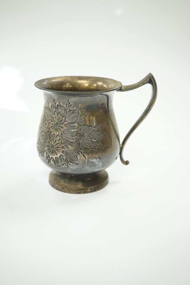 A group of assorted silver and plated wares including a silver scallop butter dish and knife and a three piece condiment set, 12 oz of weighable silver. Condition - oxidised otherwise good